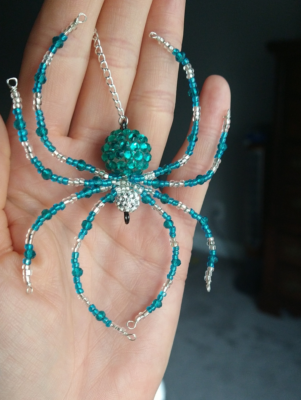 Handcrafted Turquoise & Silver Beaded Spider Pendant